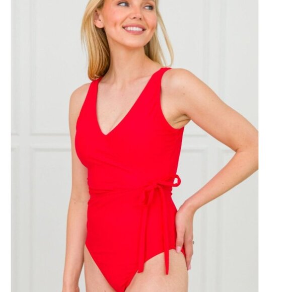 RuffleButts Women's Wrap One Piece Swimsuit, Vintage Red, size XS - Picture 2 of 7